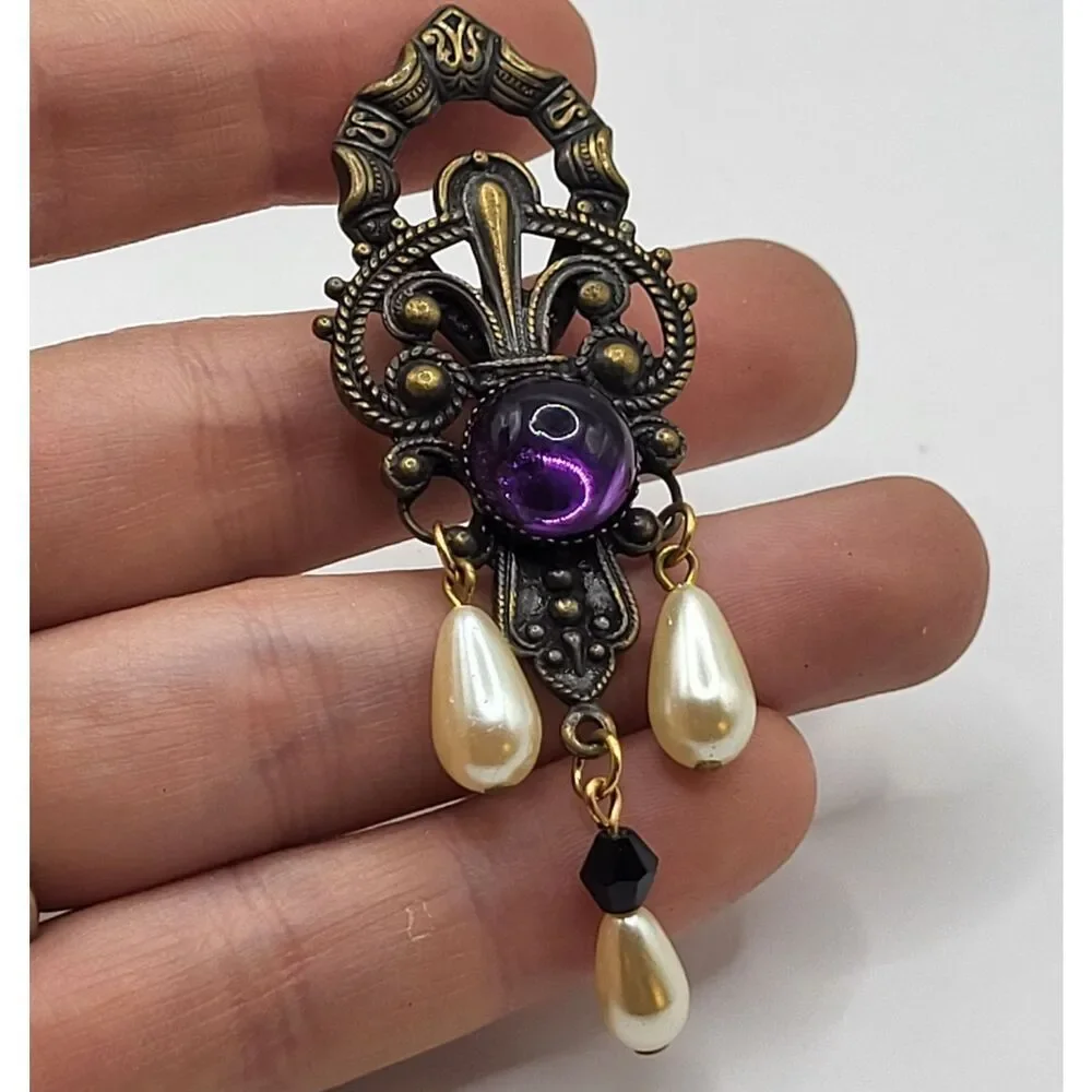 Baroque Purple Cabochon Bronze Brooch Pin 3in